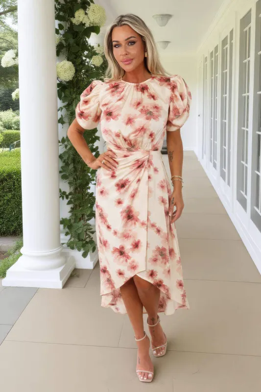 Blush Floral Print Puff Sleeve Gathered Side Midi Dress sold by AX Paris