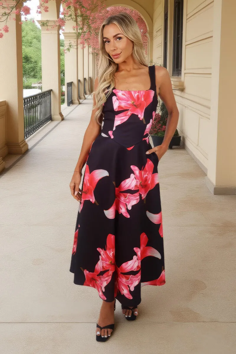 Black And Cerise Floral Print Square Neck A-line Midi Dress sold by AX Paris