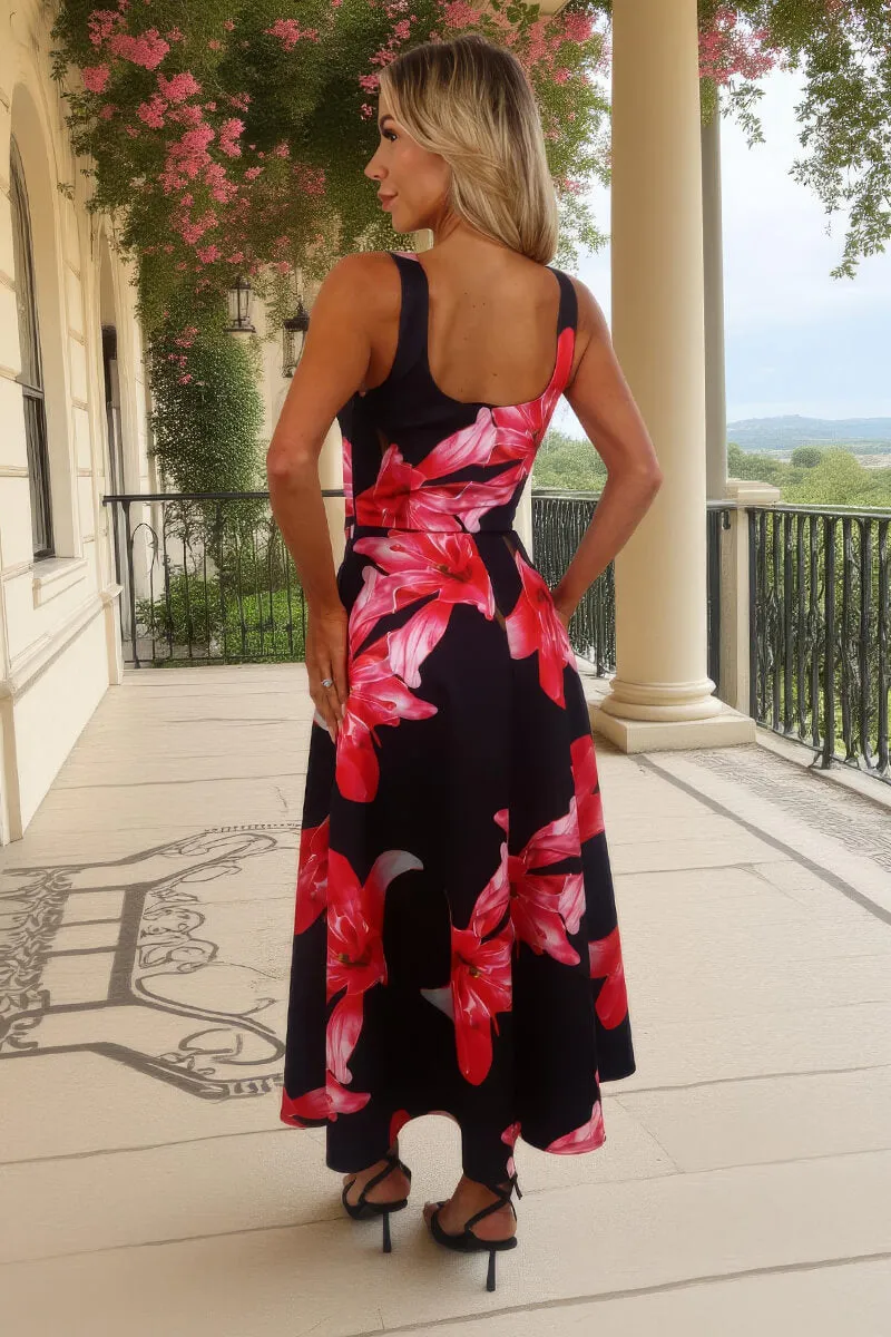 Black And Cerise Floral Print Square Neck A-line Midi Dress sold by AX Paris product image thumbnail 5