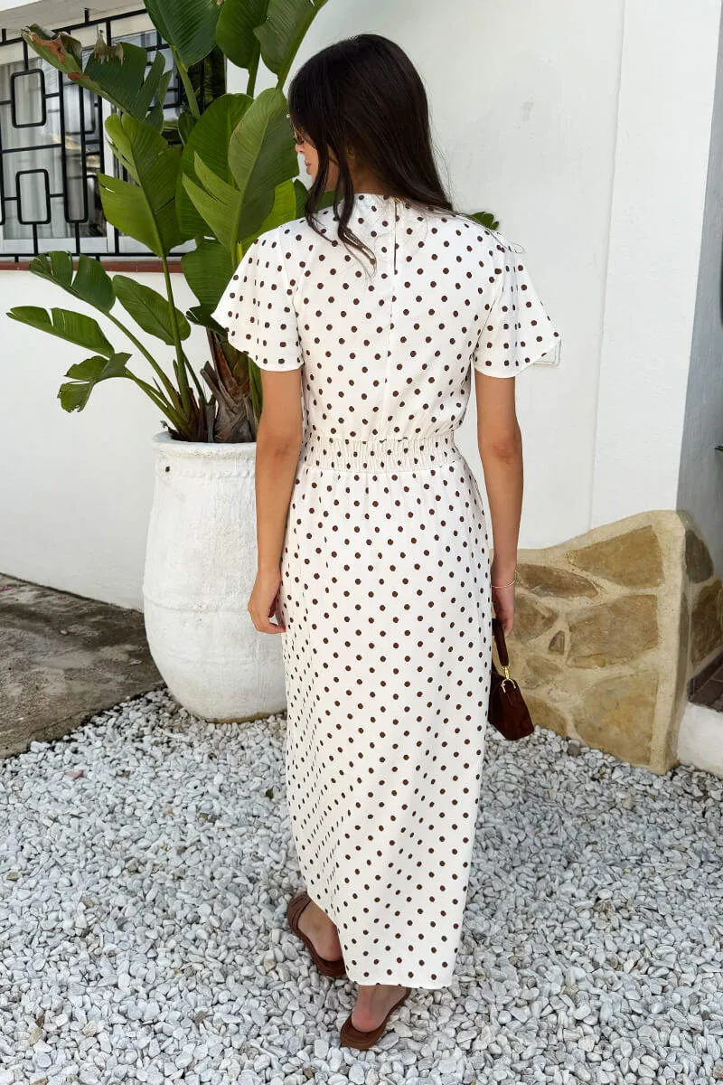Cream And Brown Polka Dot Flutter Sleeve Midi Dress sold by AX Paris product image thumbnail 5