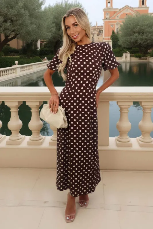 Chocolate Polka Dot Print Puff Sleeve Midi Dress sold by AX Paris