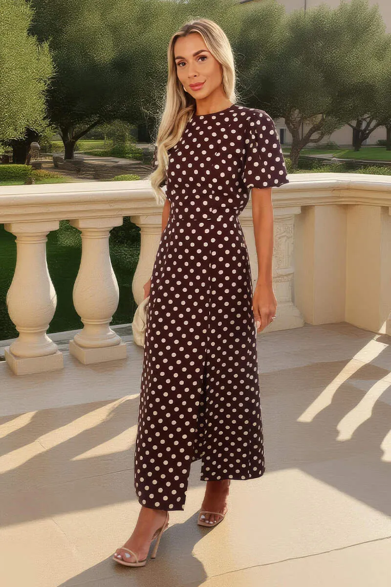 Chocolate Polka Dot Print Puff Sleeve Midi Dress sold by AX Paris product image thumbnail 2