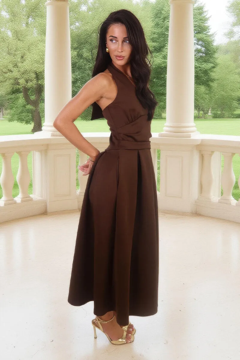 Chocolate Tie Halter Neck Midi Dress sold by AX Paris product image thumbnail 4