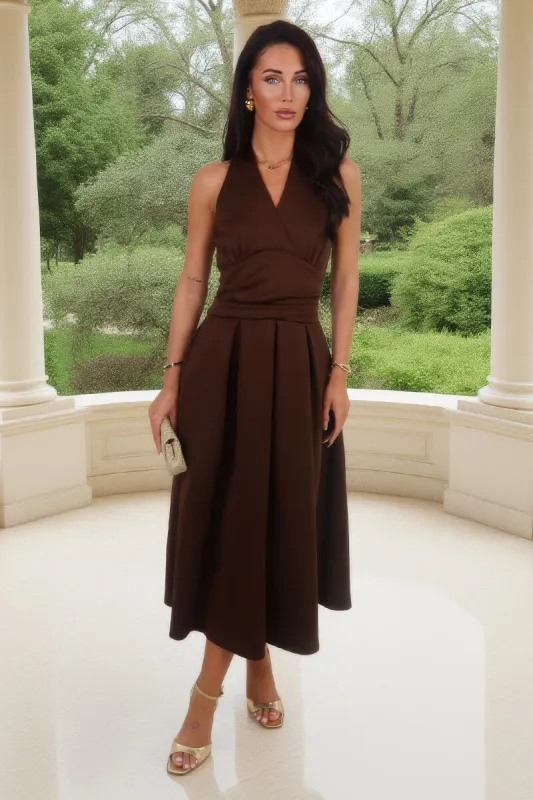 Chocolate Tie Halter Neck Midi Dress sold by AX Paris