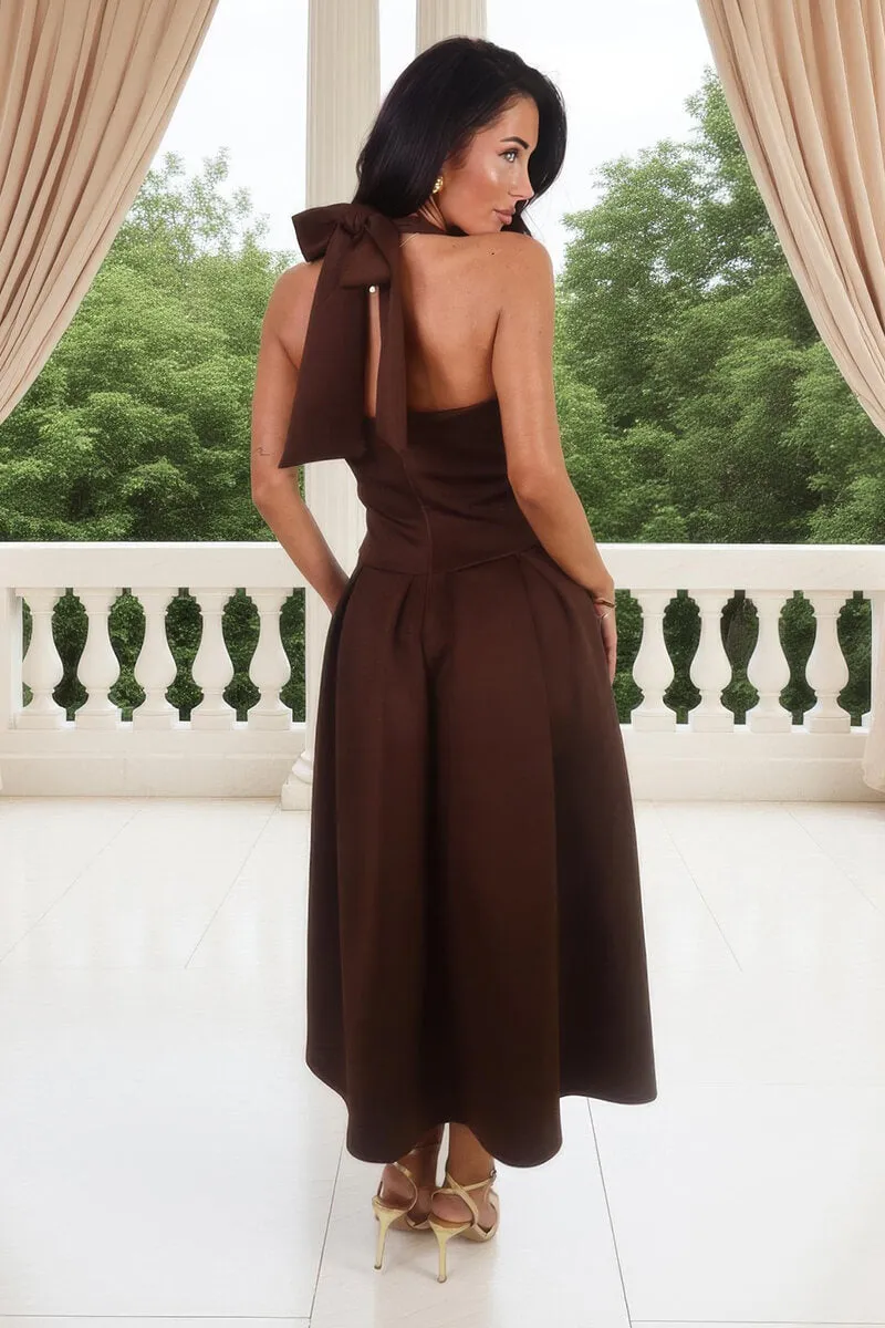 Chocolate Tie Halter Neck Midi Dress sold by AX Paris product image thumbnail 5