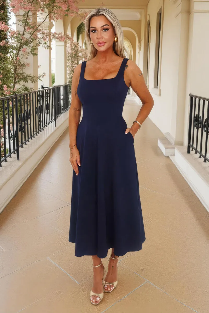 Navy Square Neck A-line Midi Dress sold by AX Paris product image thumbnail 3