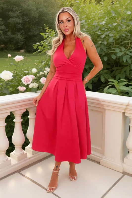 Magenta Tie Halter Neck Midi Dress sold by AX Paris