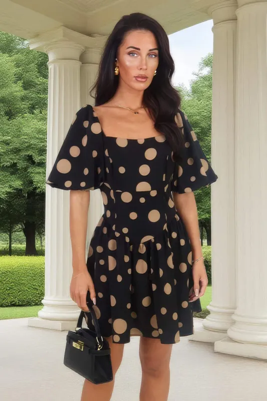 Black And Stone Polka Dot Puff Sleeve Mini Dress made by AX Paris