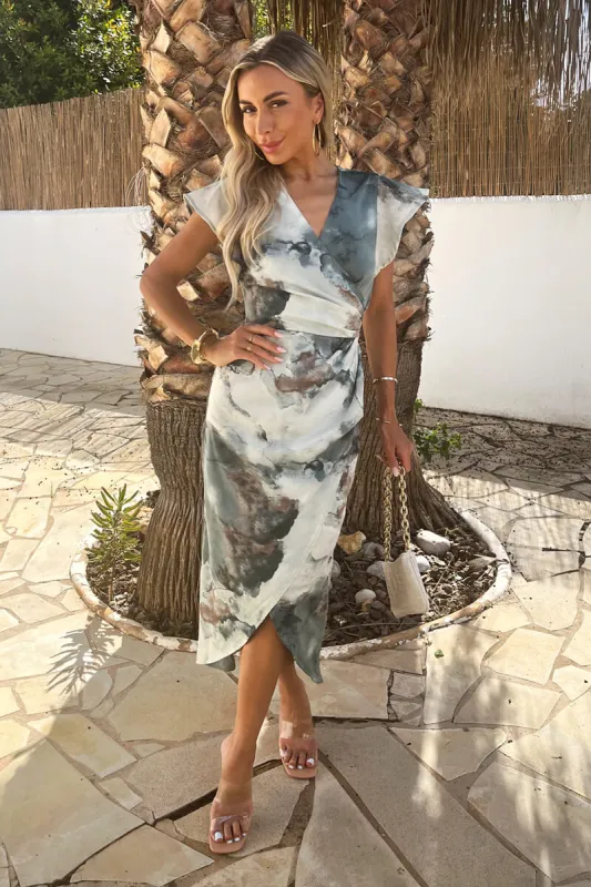 Duck Egg Marble Print Flutter Sleeve Wrap Midi Dress sold by AX Paris