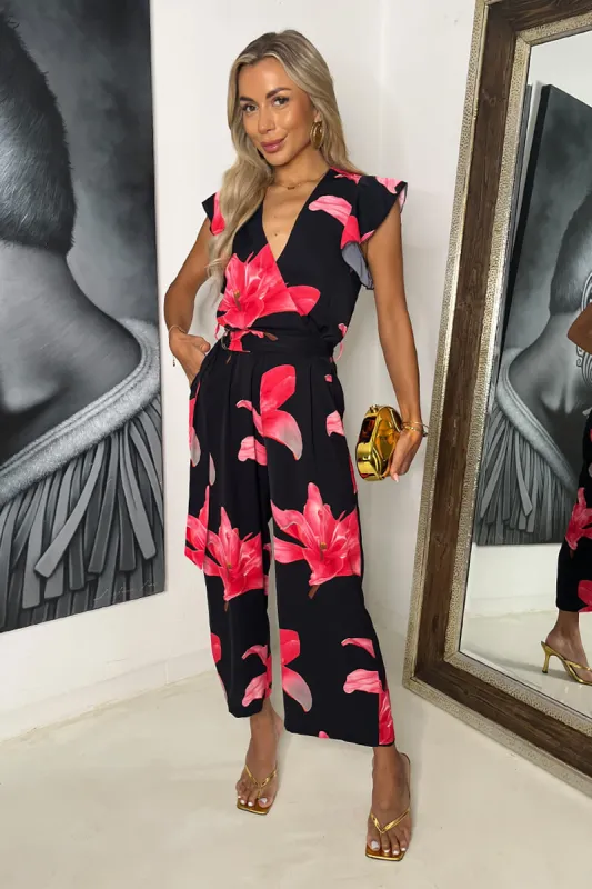 Black And Cerise Floral Print Wrap Top Belted Jumpsuit made by AX Paris