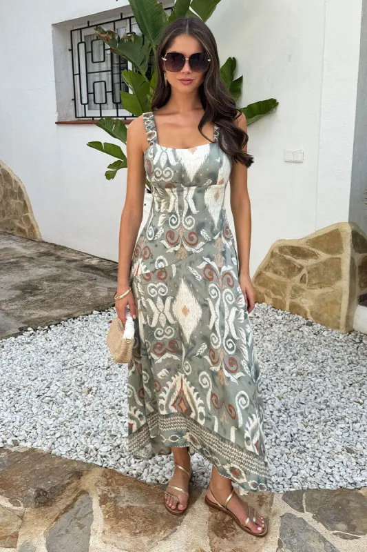 Multi Boho Print Shirred Straps Button Detail Midi Dress sold by AX Paris