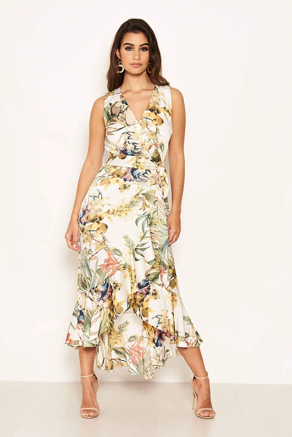 Cream Floral Sleeveless Maxi Dress with Belt sold by AX Paris product image thumbnail 4