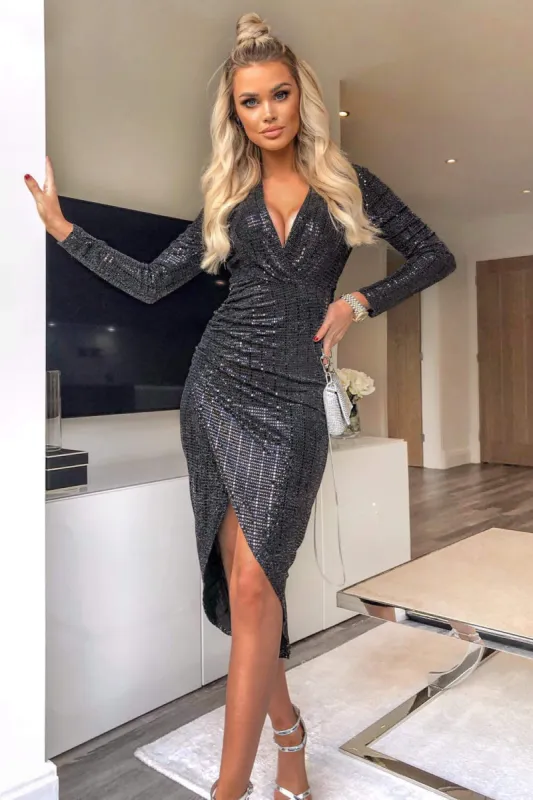 Black Stretch Sequin Wrap Dress sold by AX Paris