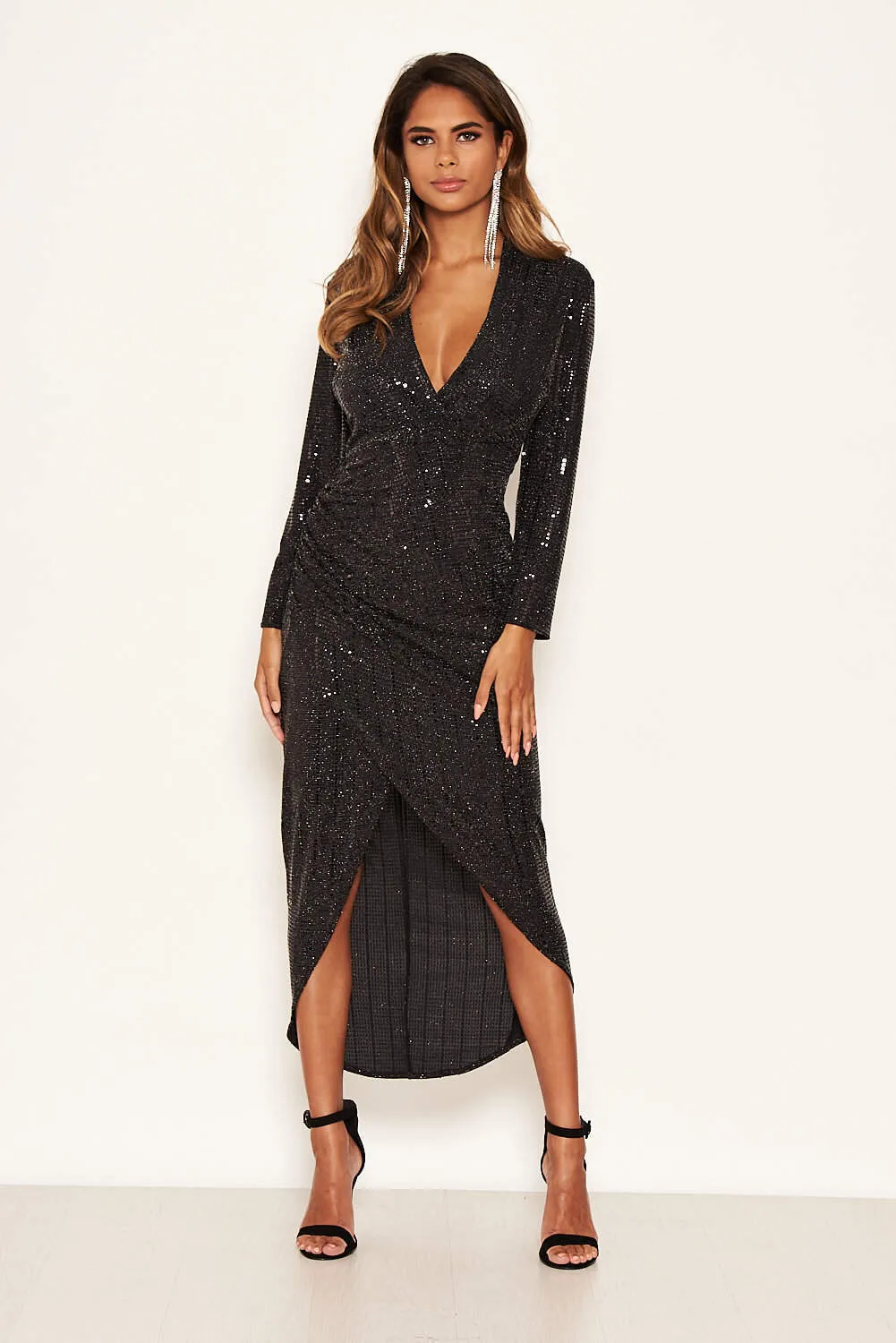 Black Stretch Sequin Wrap Dress sold by AX Paris product image thumbnail 3