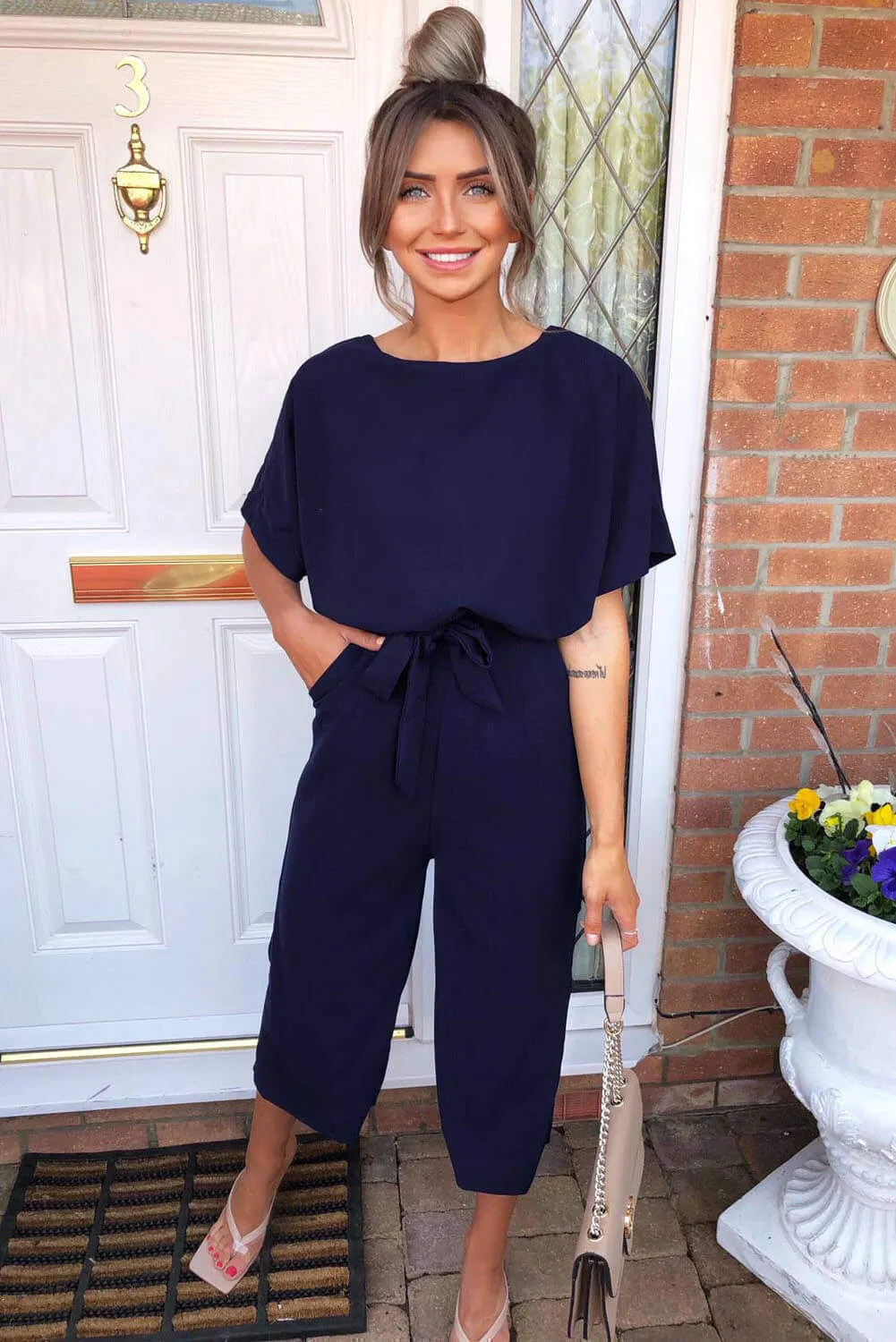 Navy Tie Waist Culotte Jumpsuit sold by AX Paris