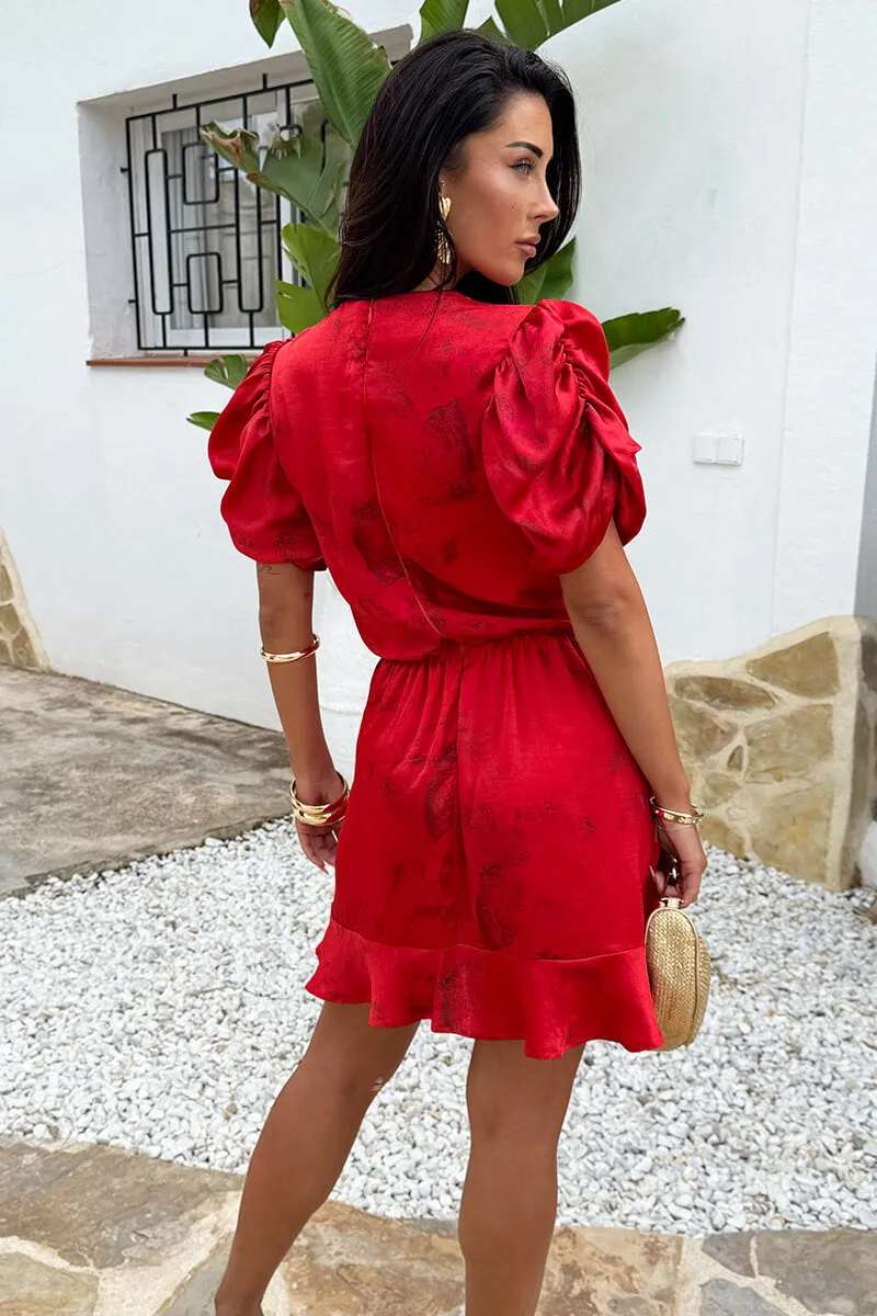 Red Smudge Print Puff Sleeve Frill Hem Mini Dress sold by AX Paris product image thumbnail 5