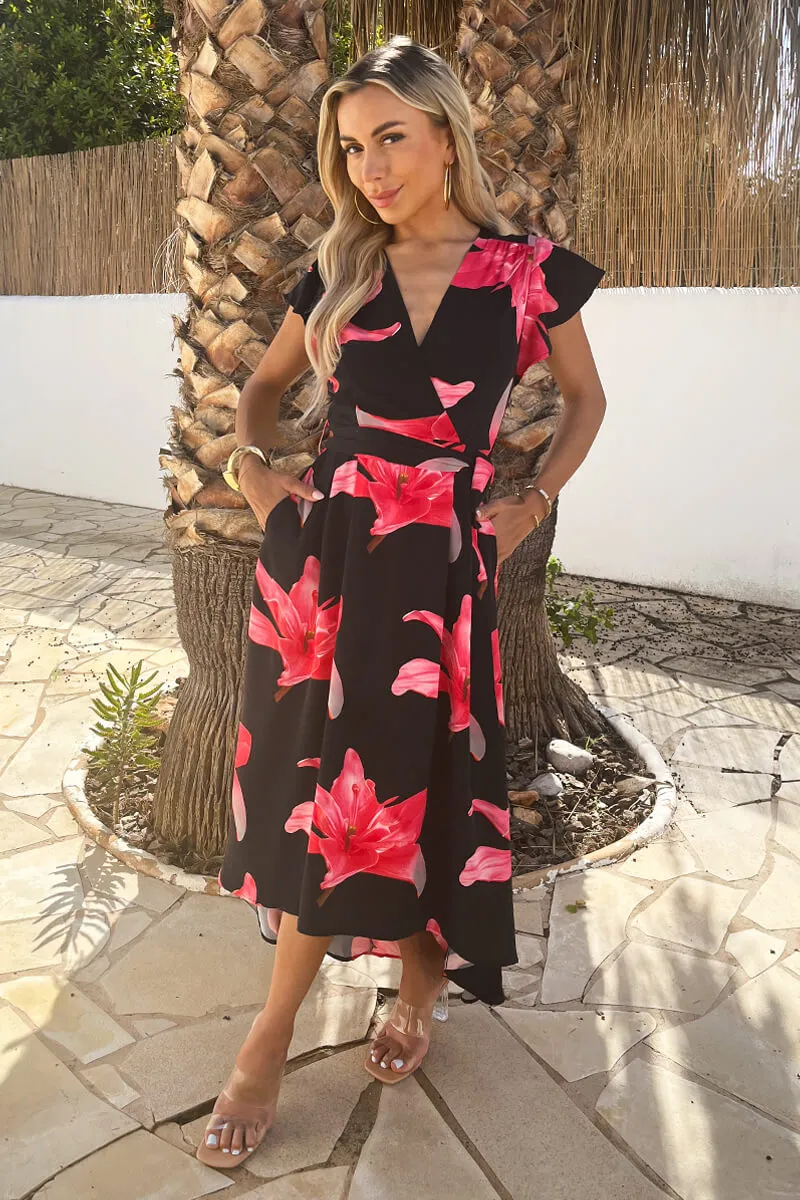 Black And Cerise Floral Print Belted Wrap Midi Dress sold by AX Paris product image thumbnail 3