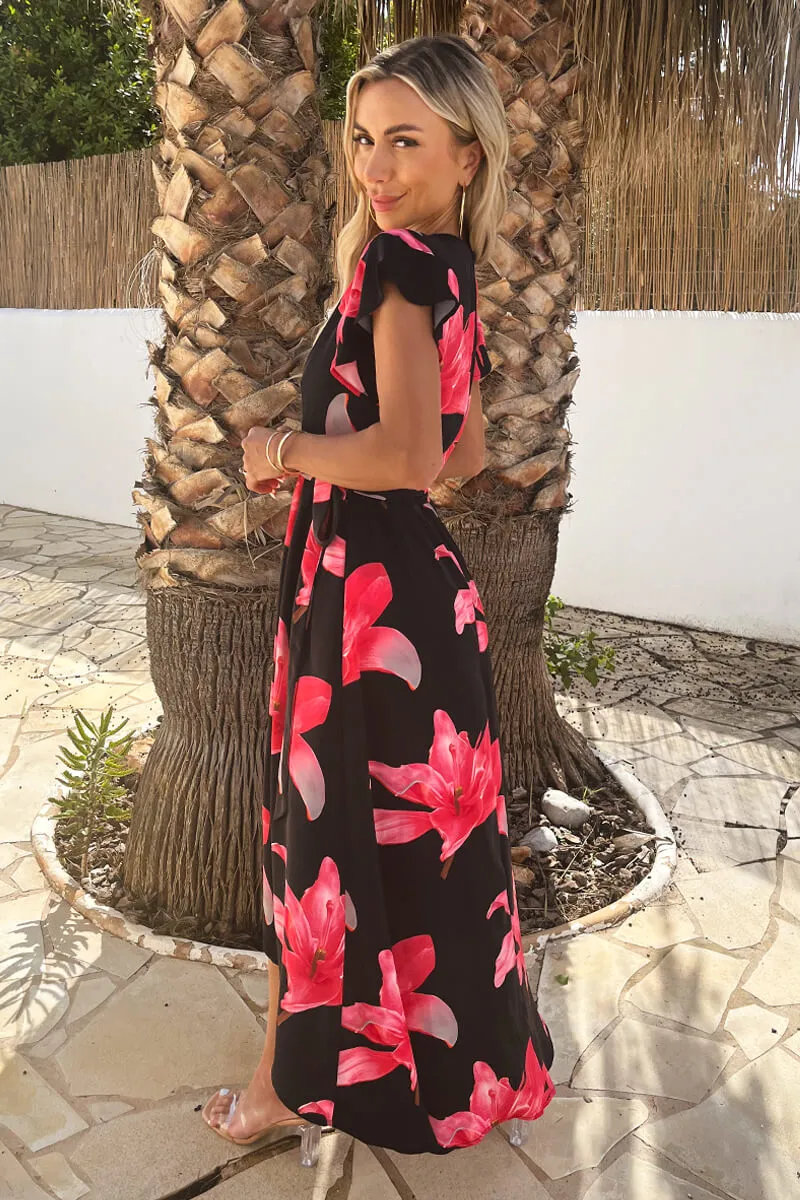 Black And Cerise Floral Print Belted Wrap Midi Dress sold by AX Paris product image thumbnail 4