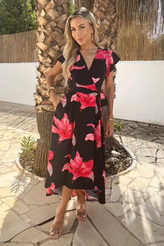 Black And Cerise Floral Print Belted Wrap Midi Dress sold by AX Paris