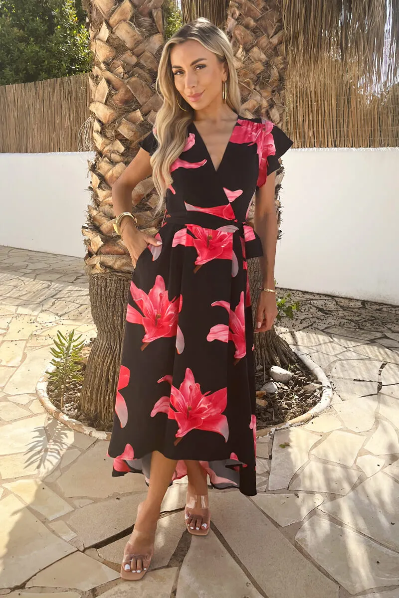 Black And Cerise Floral Print Belted Wrap Midi Dress sold by AX Paris