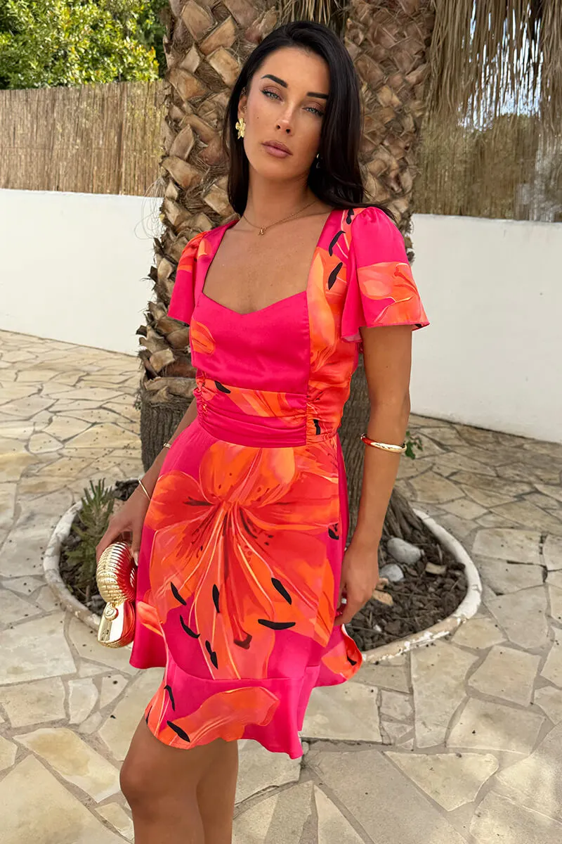 Pink And Orange Floral Print Frill Hem Mini Dress sold by AX Paris product image thumbnail 3