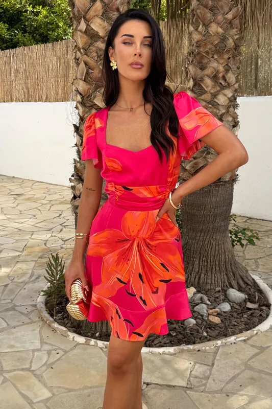 Pink And Orange Floral Print Frill Hem Mini Dress sold by AX Paris