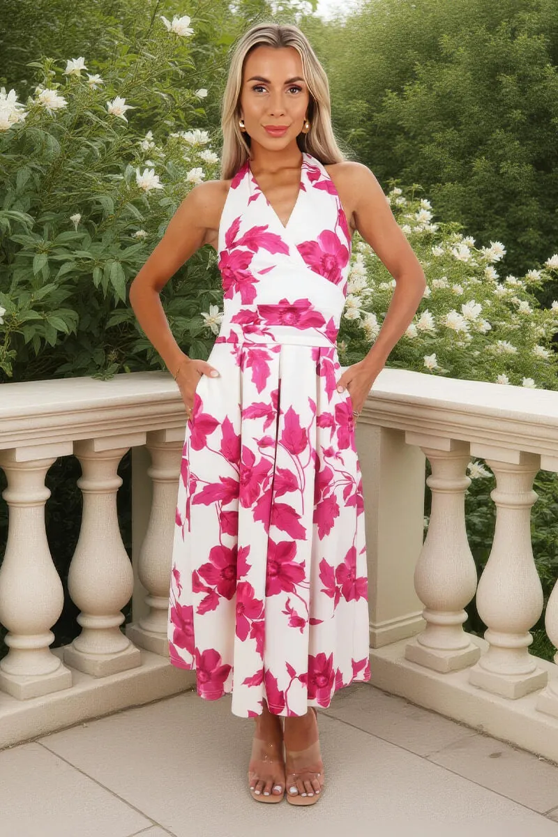 Pink And Cream Floral Print Tie Halter Neck Midi Dress sold by AX Paris product image thumbnail 3