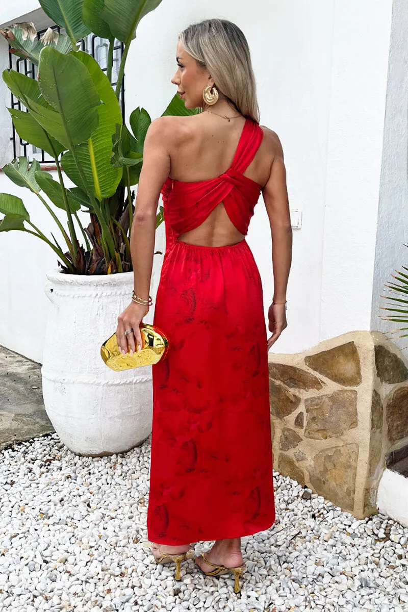 Red Smudge Print One Shoulder Twist Back Midi Dress sold by AX Paris product image thumbnail 5
