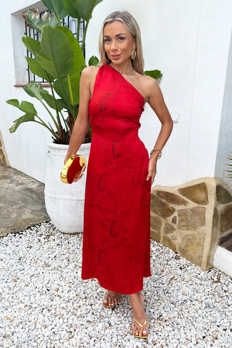 Red Smudge Print One Shoulder Twist Back Midi Dress sold by AX Paris product image thumbnail 3