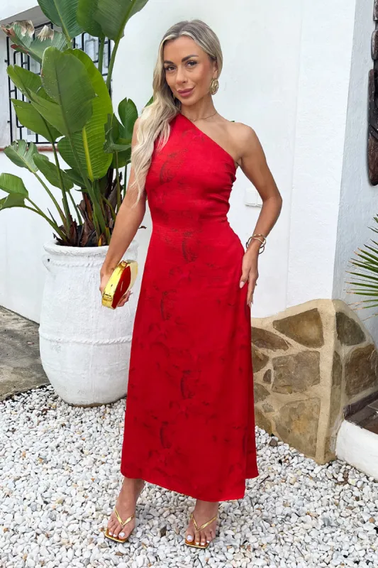 Red Smudge Print One Shoulder Twist Back Midi Dress sold by AX Paris