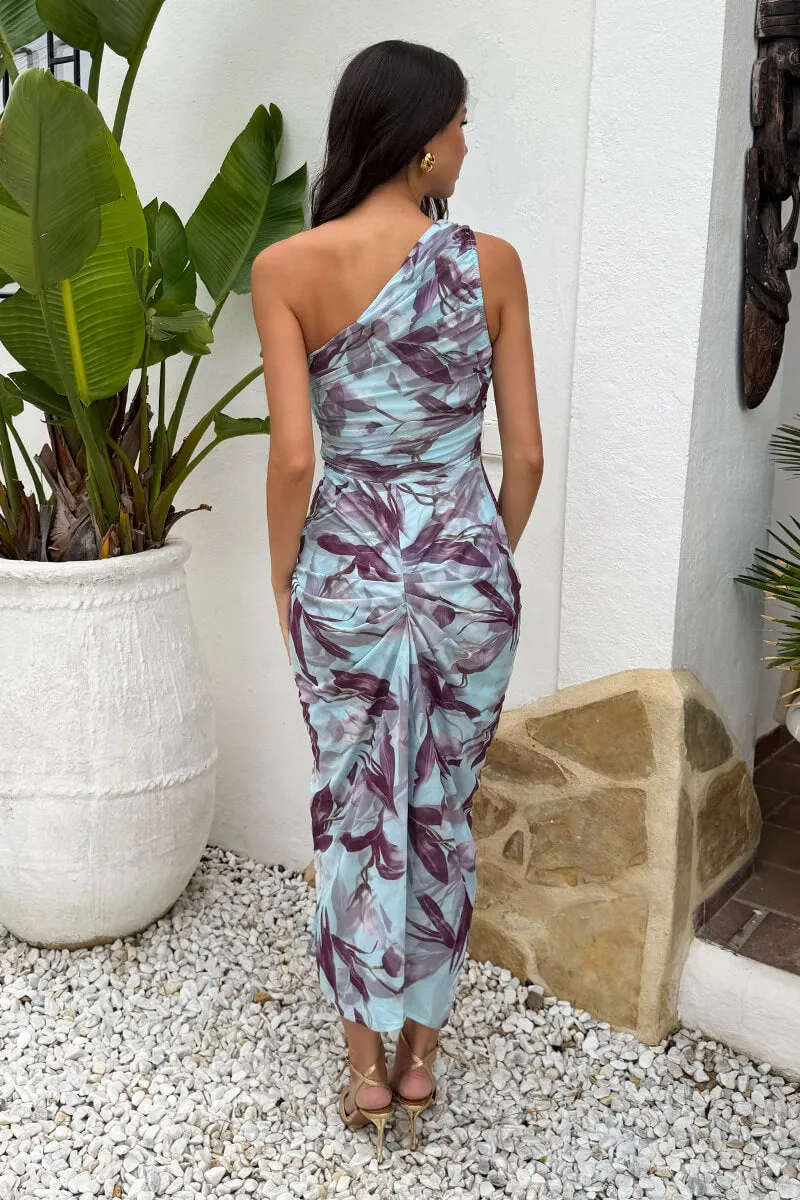 Blue And Plum Floral Print One Shoulder Knot Skirt Mesh Midi Dress sold by AX Paris product image thumbnail 5