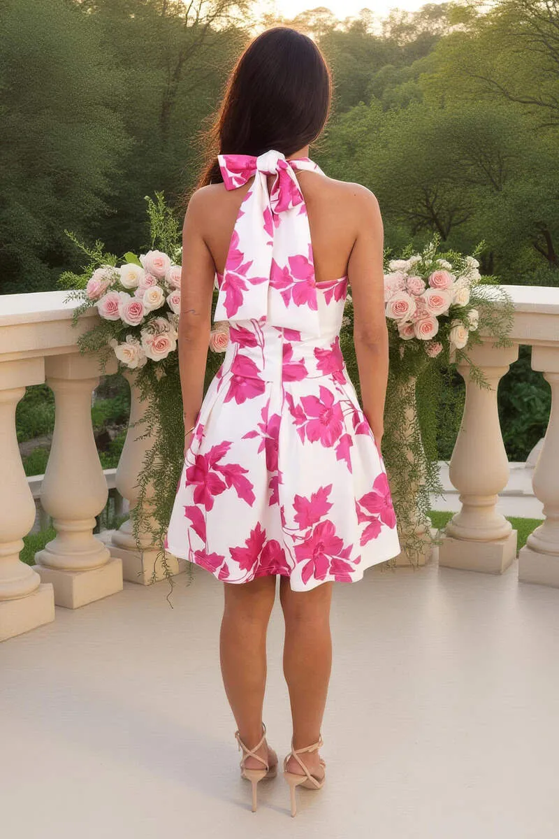 Pink And Cream Floral Print Tie Halter Neck Mini Dress sold by AX Paris product image thumbnail 3
