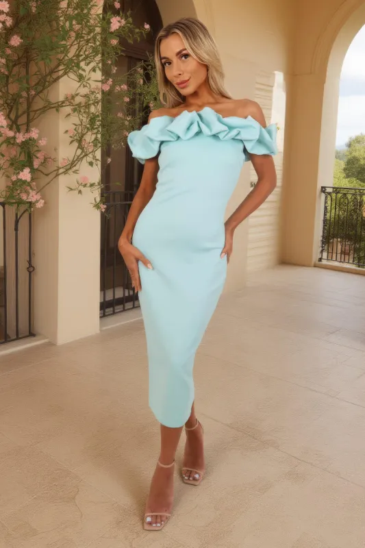 Mint Ruffle Detail Bardot Top Midi Dress sold by AX Paris