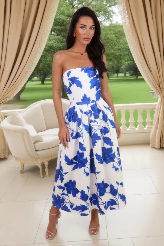 Blue And Cream Floral Print Bandeau A-Line Midi Dress made by AX Paris