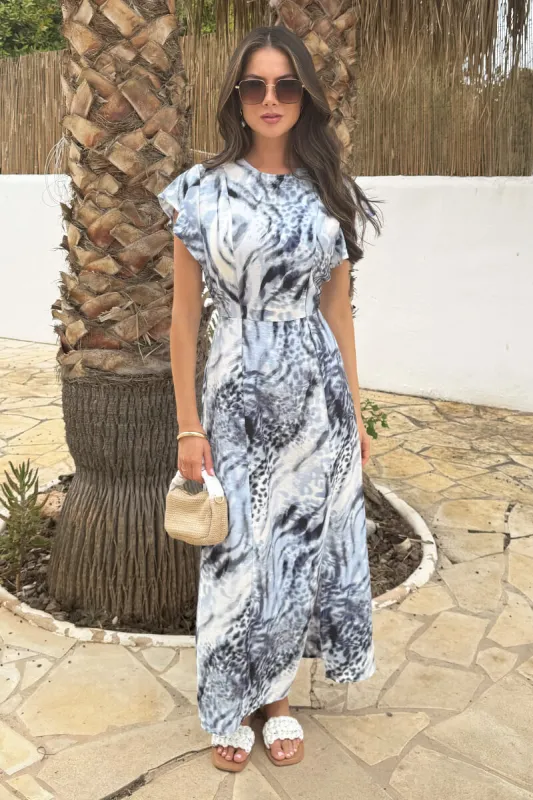 Blue Abstract Animal Print Flutter Sleeve Midi Dress sold by AX Paris