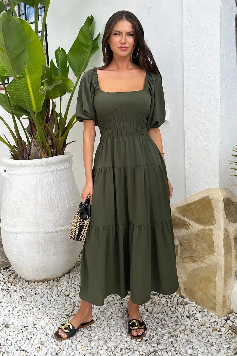 Khaki Puff Sleeve Shirred Waist Smock Midi Dress sold by AX Paris product image thumbnail 3
