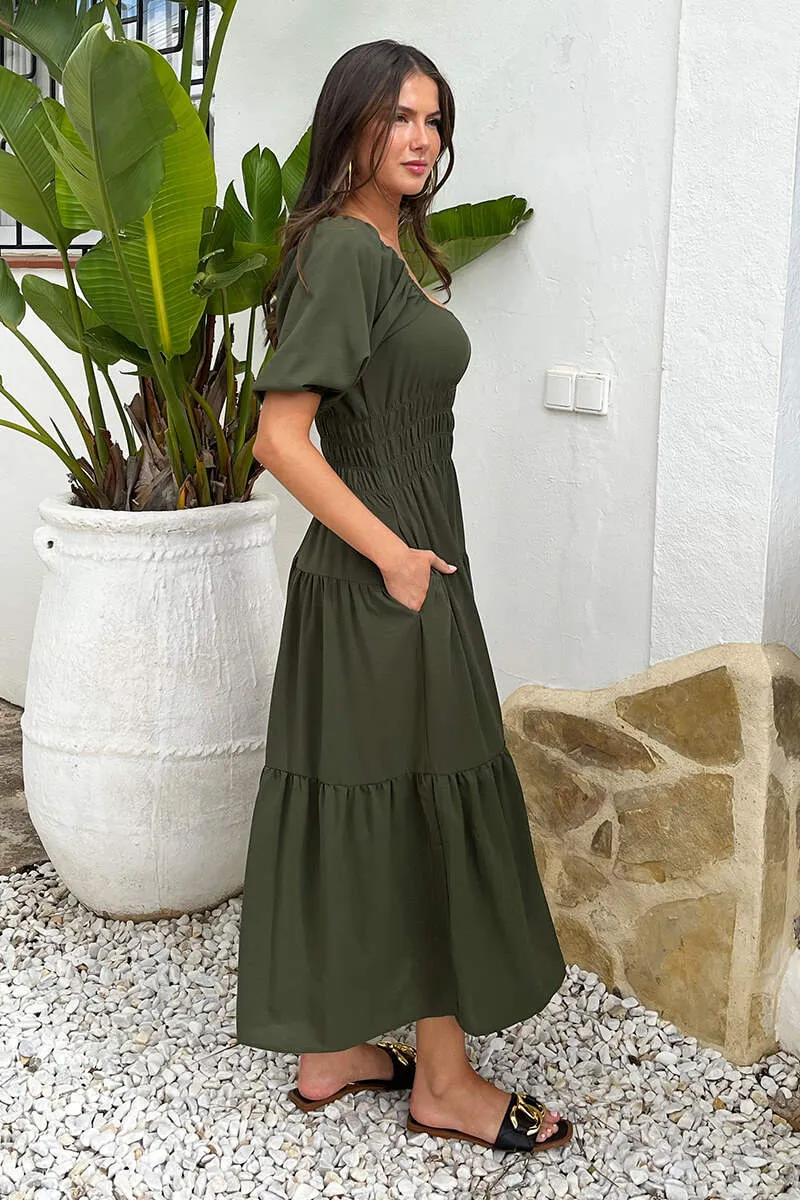Khaki Puff Sleeve Shirred Waist Smock Midi Dress sold by AX Paris product image thumbnail 4