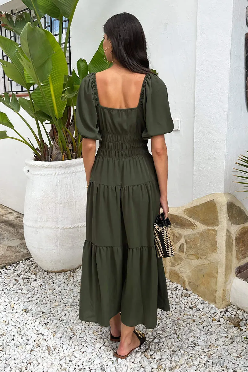 Khaki Puff Sleeve Shirred Waist Smock Midi Dress sold by AX Paris product image thumbnail 5