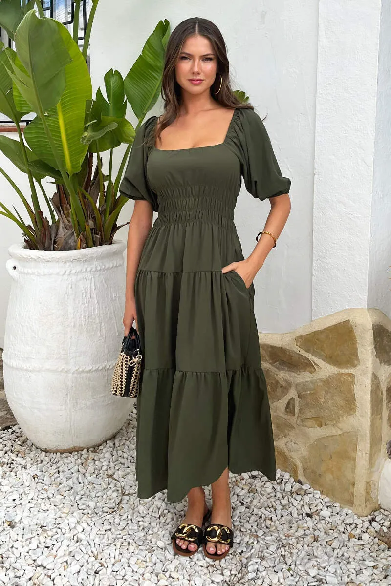 Khaki Puff Sleeve Shirred Waist Smock Midi Dress sold by AX Paris product image thumbnail 2