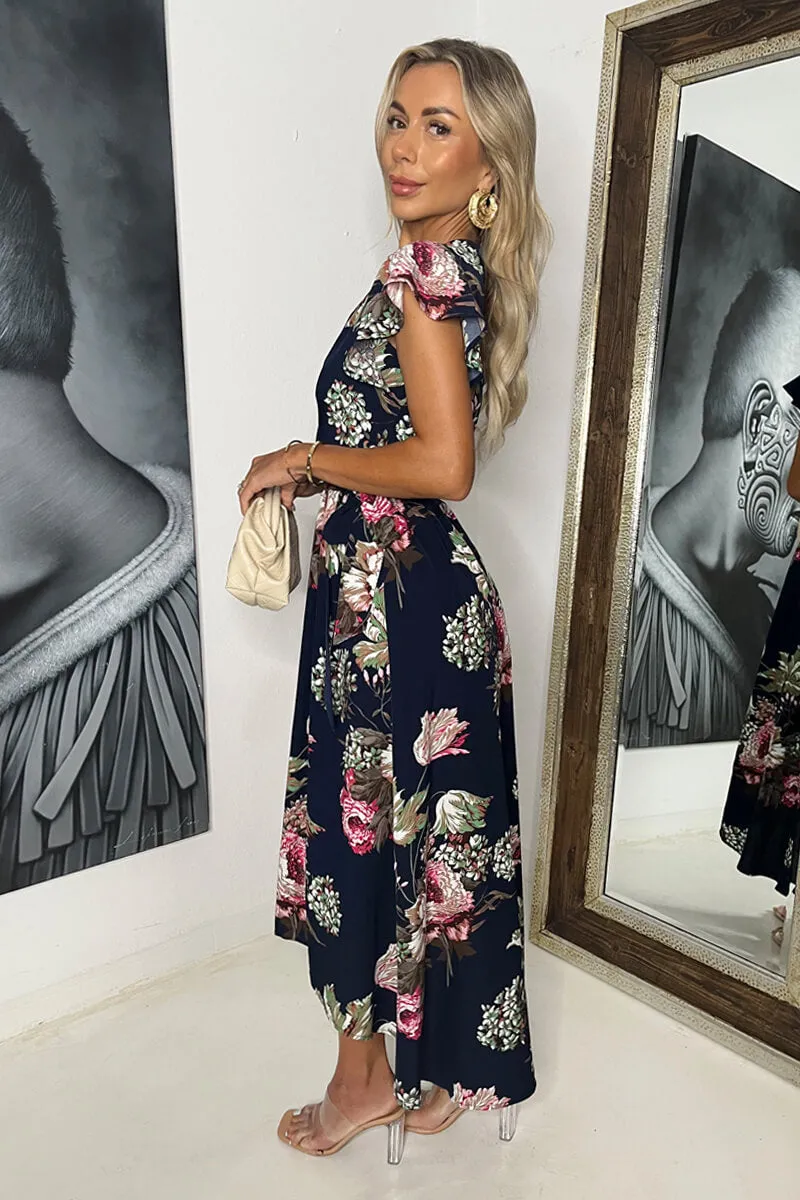 Navy Floral Printed Belted Wrap Midi Dress sold by AX Paris product image thumbnail 4