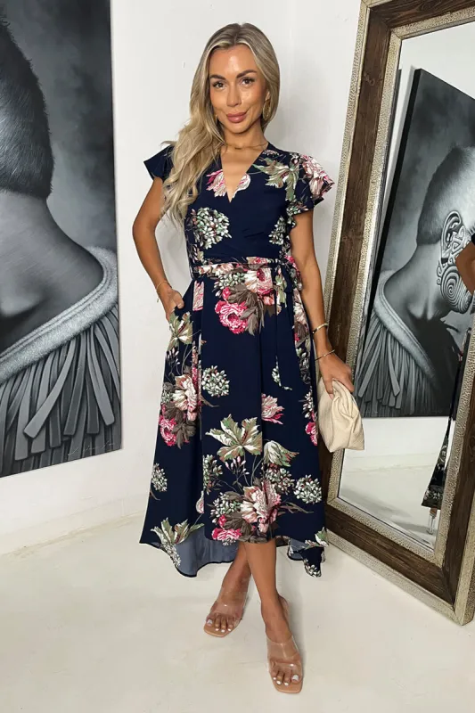 Navy Floral Printed Belted Wrap Midi Dress sold by AX Paris