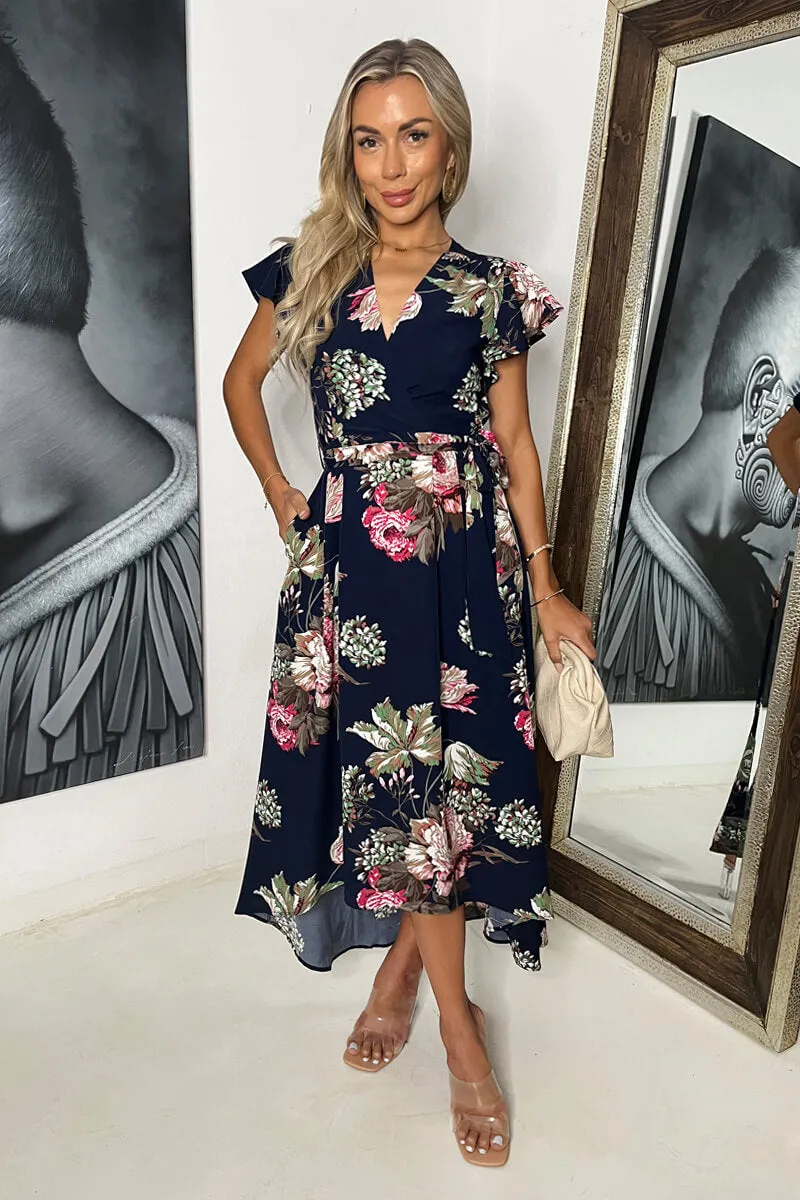 Navy Floral Printed Belted Wrap Midi Dress sold by AX Paris
