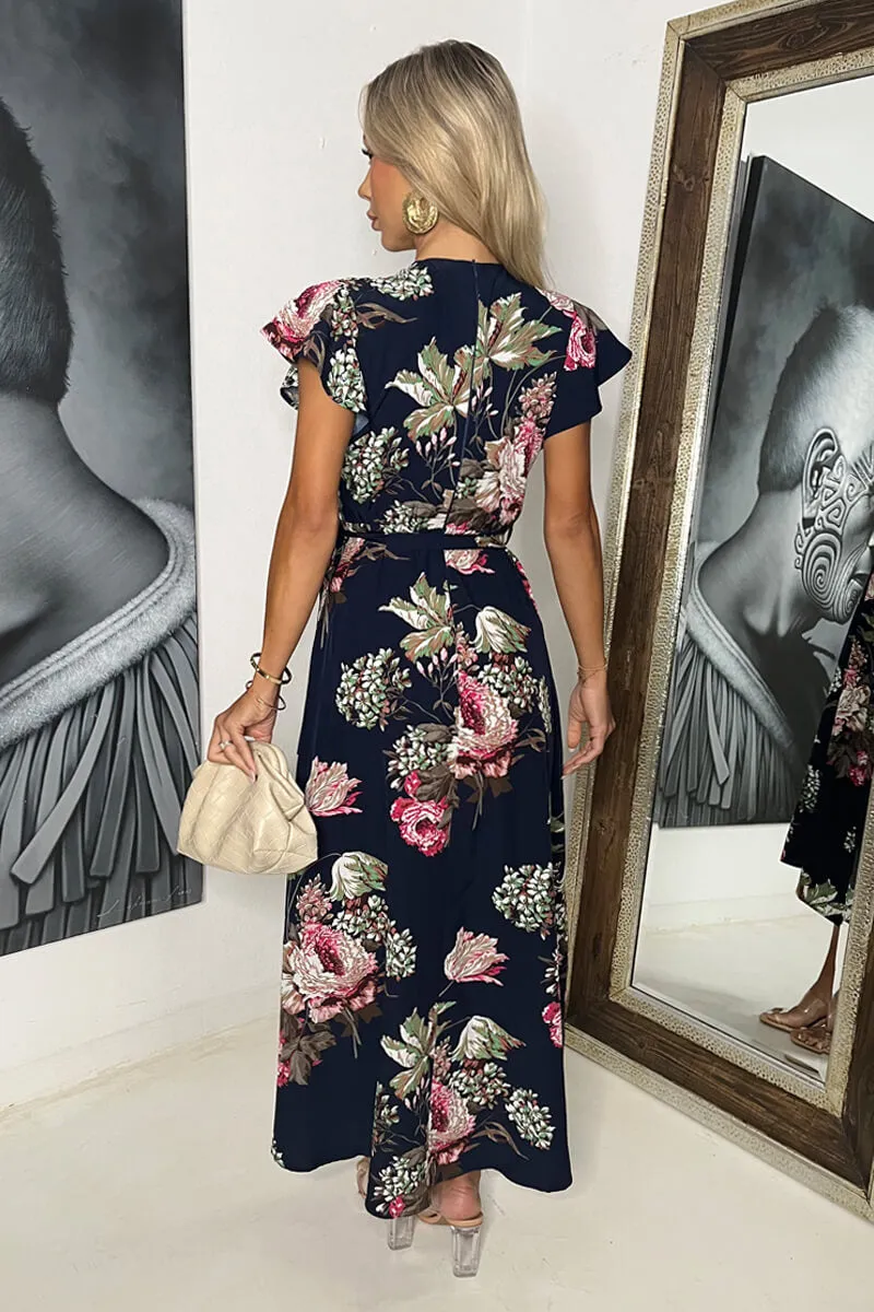 Navy Floral Printed Belted Wrap Midi Dress sold by AX Paris product image thumbnail 5