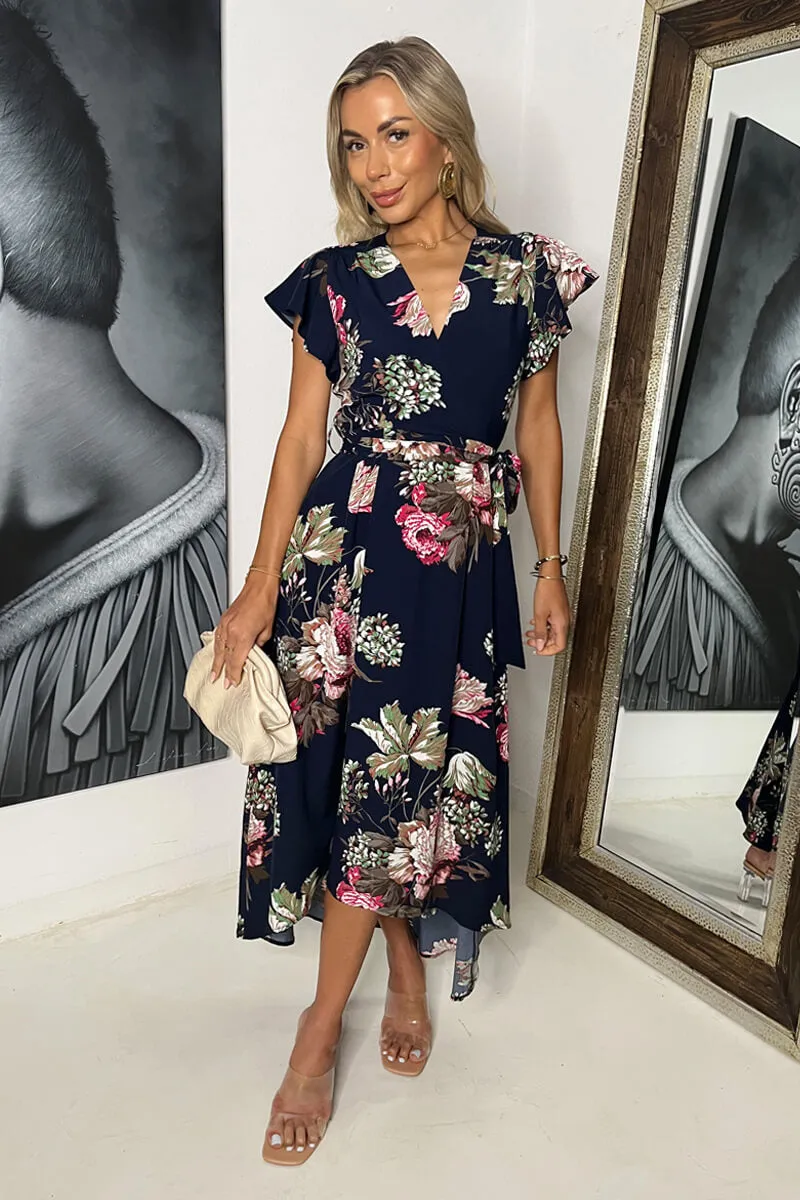Navy Floral Printed Belted Wrap Midi Dress sold by AX Paris product image thumbnail 2