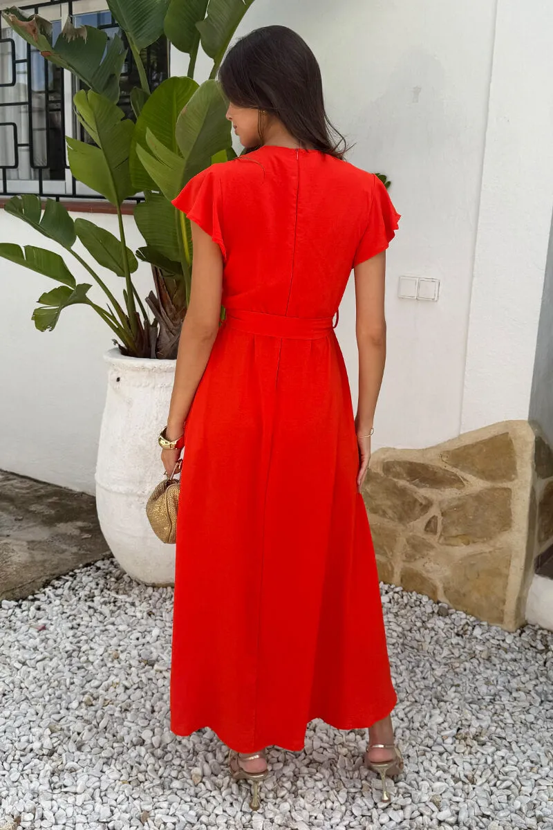 Burnt Orange Flutter Sleeve Belted Wrap Midi Dress sold by AX Paris product image thumbnail 5