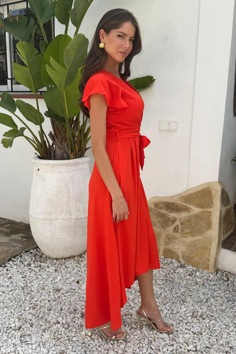 Burnt Orange Flutter Sleeve Belted Wrap Midi Dress sold by AX Paris product image thumbnail 4
