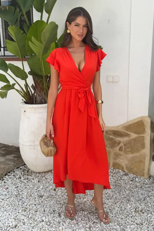 Burnt Orange Flutter Sleeve Belted Wrap Midi Dress sold by AX Paris
