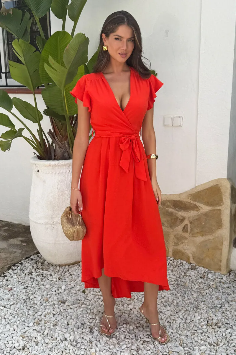 Burnt Orange Flutter Sleeve Belted Wrap Midi Dress sold by AX Paris