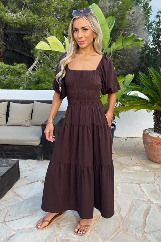 Chocolate Puff Sleeve Shirred Waist Smock Midi Dress sold by AX Paris