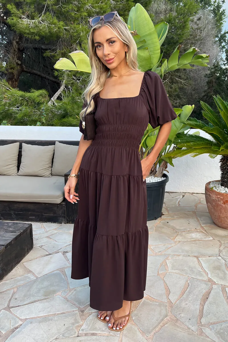 Chocolate Puff Sleeve Shirred Waist Smock Midi Dress sold by AX Paris product image thumbnail 2